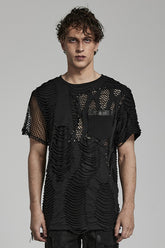 Black Short Sleeves Stitching Mesh Ripped Men's Punk T-Shirt
